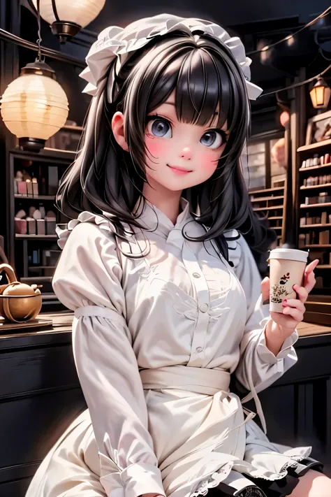 a cartoon girl, (drinking coffee), white lace cloth shirt, fluffy skirt, victorian coffeee shop at night, night scene, candles a...