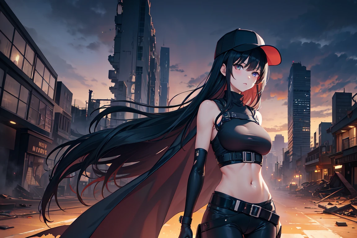  saori joumae, wide hips, torn clothes, massive hips, apocalypse, destroyed city, ruins, dark sky, from front, belt, black headwear, black pants, black shirt, blue gloves, crop top, gloves, leggings, midriff, navel, pants, shirt, sleeveless, cape, coat, open coat