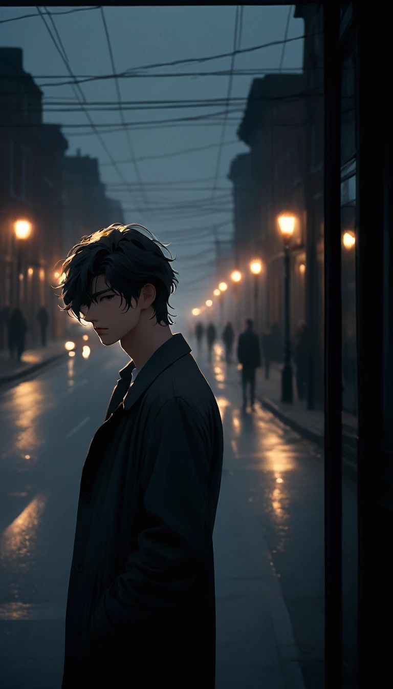 face, contrasting with Lucas's rigid posture. The surrounding scenery is melancholic, with a soft, hazy light, reflecting a mixture of romance and sadness. There is a subtle wind that moves their hair, giving a sensation of movement, while the empty streets in the background reinforce the tone of loneliness and distance between them.