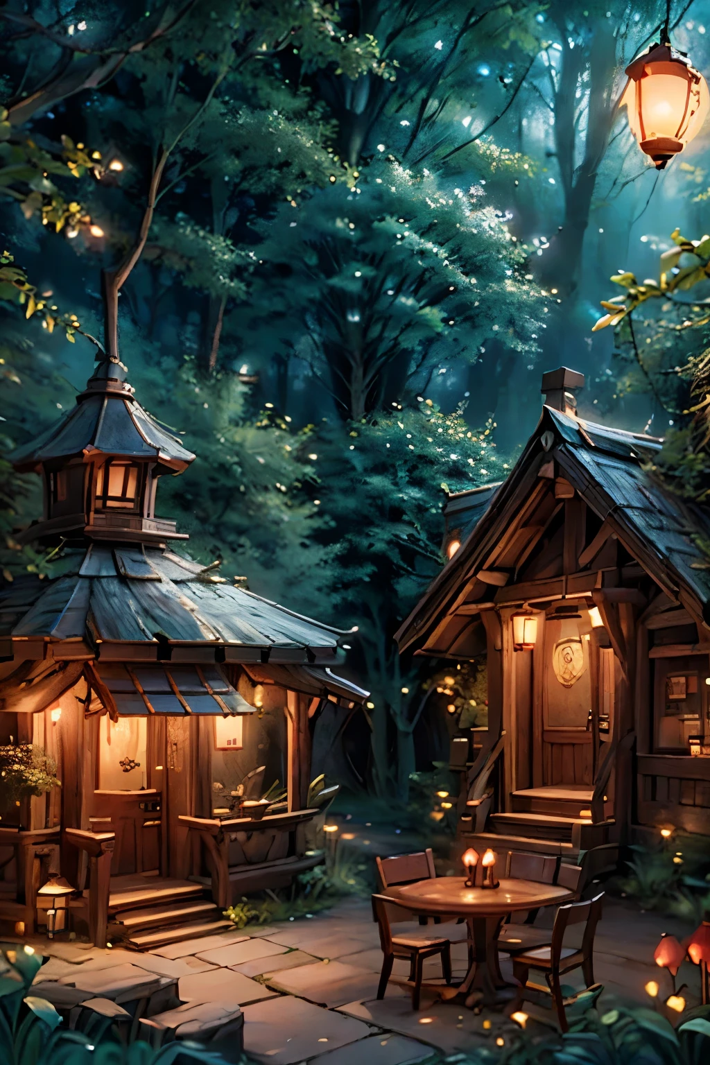 bets quality, masterpiece, highly detailed, fairies coffee shop, fantasy art style, coffee shop at the woods, woods at night, glowing lanterns 