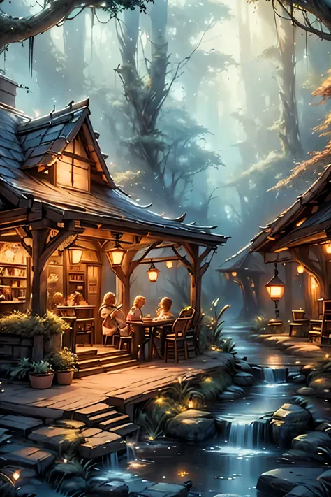 bets quality, masterpiece, highly detailed, fairies coffee shop, fairies drinking coffee, fantasy art style, coffee shop at the ...