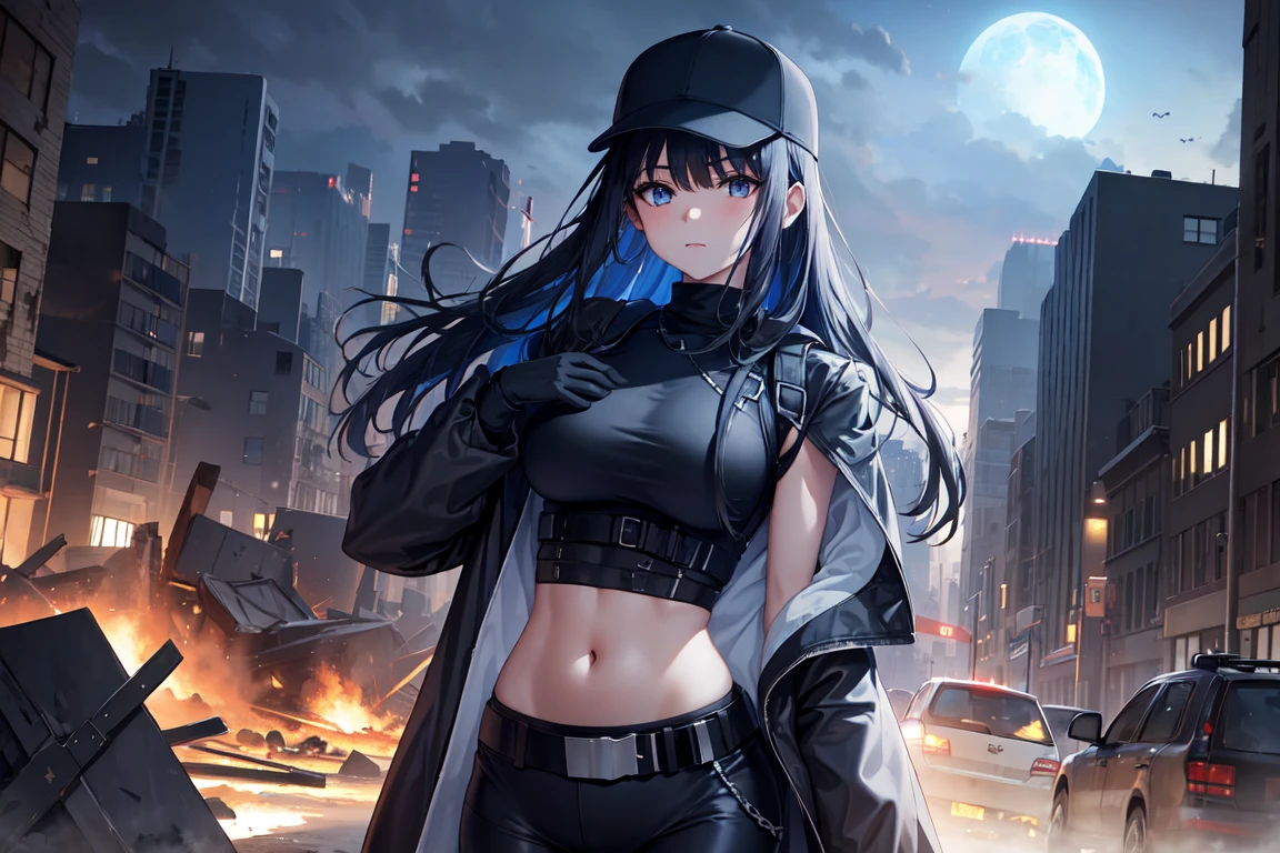  saori joumae, wide hips, torn clothes, massive hips, apocalypse, destroyed city, ruins, dark sky, from front, belt, black headwear, black pants, black shirt, blue gloves, crop top, gloves, leggings, midriff, navel, pants, shirt, sleeveless, cape, coat, open coat, blue insides