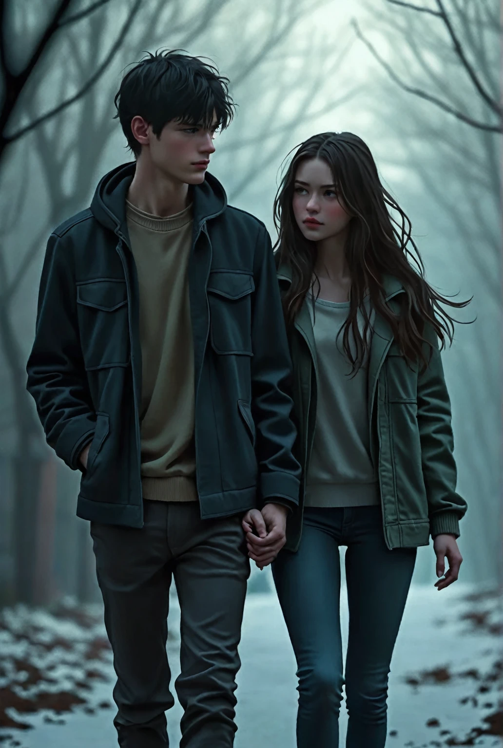 face, contrasting with Lucas's rigid posture. The surrounding scenery is melancholic, with a soft, hazy light, reflecting a mixture of romance and sadness. There is a subtle wind that moves their hair, giving a sensation of movement, while the empty streets in the background reinforce the tone of loneliness and distance between them.