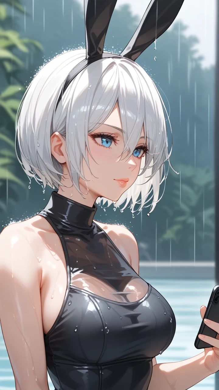 score_9, score_8_up, score_7_up, 1girl, solo, breasts, short hair, dress, blue eyes,bare shoulders, medium breasts, closed mouth, bunny ears, upper body, white hair, sleeveless, mole, blurry, black dress, lips, wet, depth of field, blurry background, turtleneck, phone, wet clothes, mole under mouth, facing viewer, rain, water drop, wet hair, yorha no. 2 type b