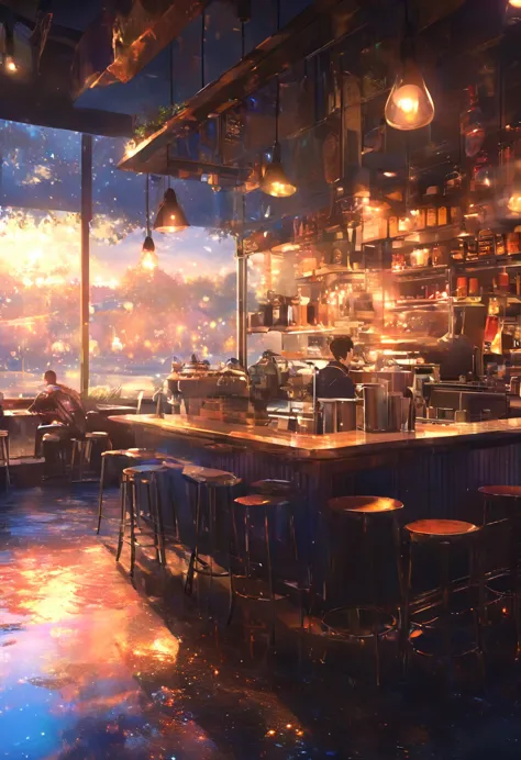 masterpiece, concept art, break, 1 young man, coffee shop,  atmospheric perspective, anime style, chromatic aberration, cinemati...