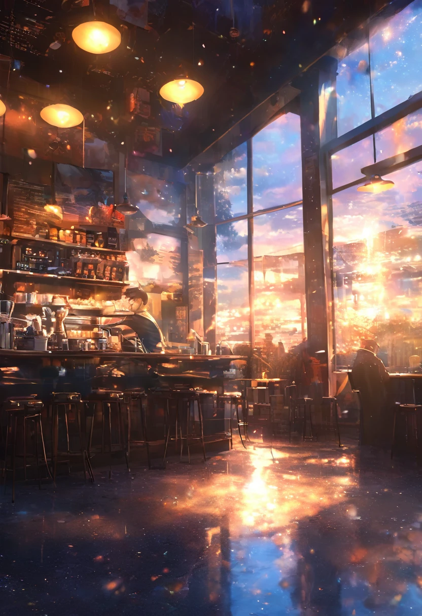 masterpiece, Concept Art, break, 1 young man, coffee shop,  atmospheric perspective, anime style, chromatic aberration, cinematic lighting, reflection light, 8K, super detail, best quality, uhd, high details, textured skin