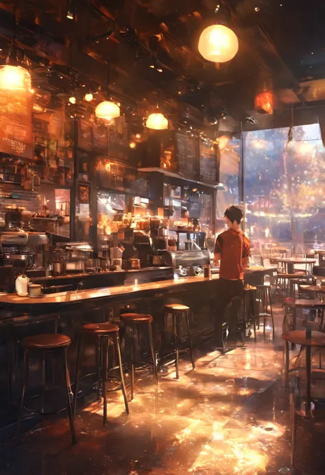 masterpiece, concept art, break, 1 young man, coffee shop,  atmospheric perspective, anime style, chromatic aberration, cinemati...