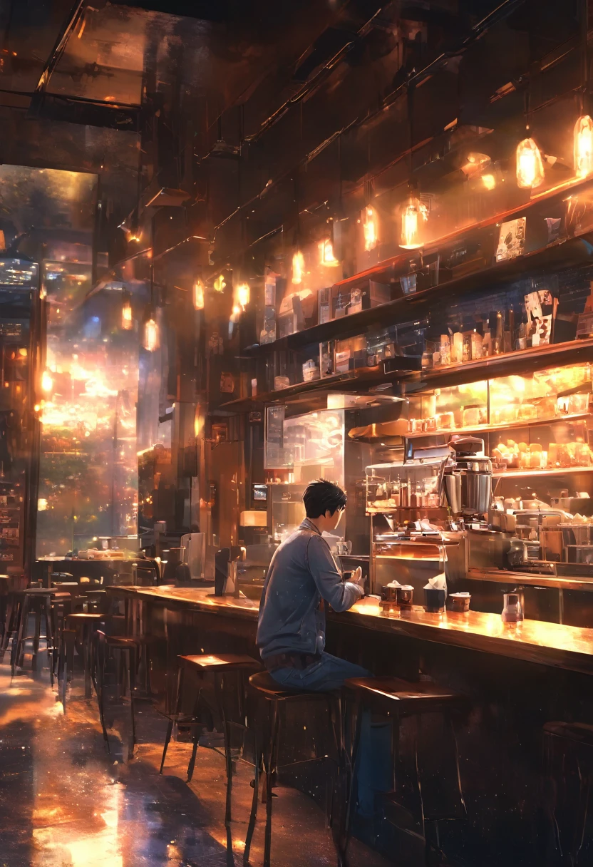 masterpiece, Concept Art, break, 1 young man, coffee shop,  atmospheric perspective, anime style, chromatic aberration, cinematic lighting, reflection light, 8K, super detail, best quality, uhd, high details, textured skin