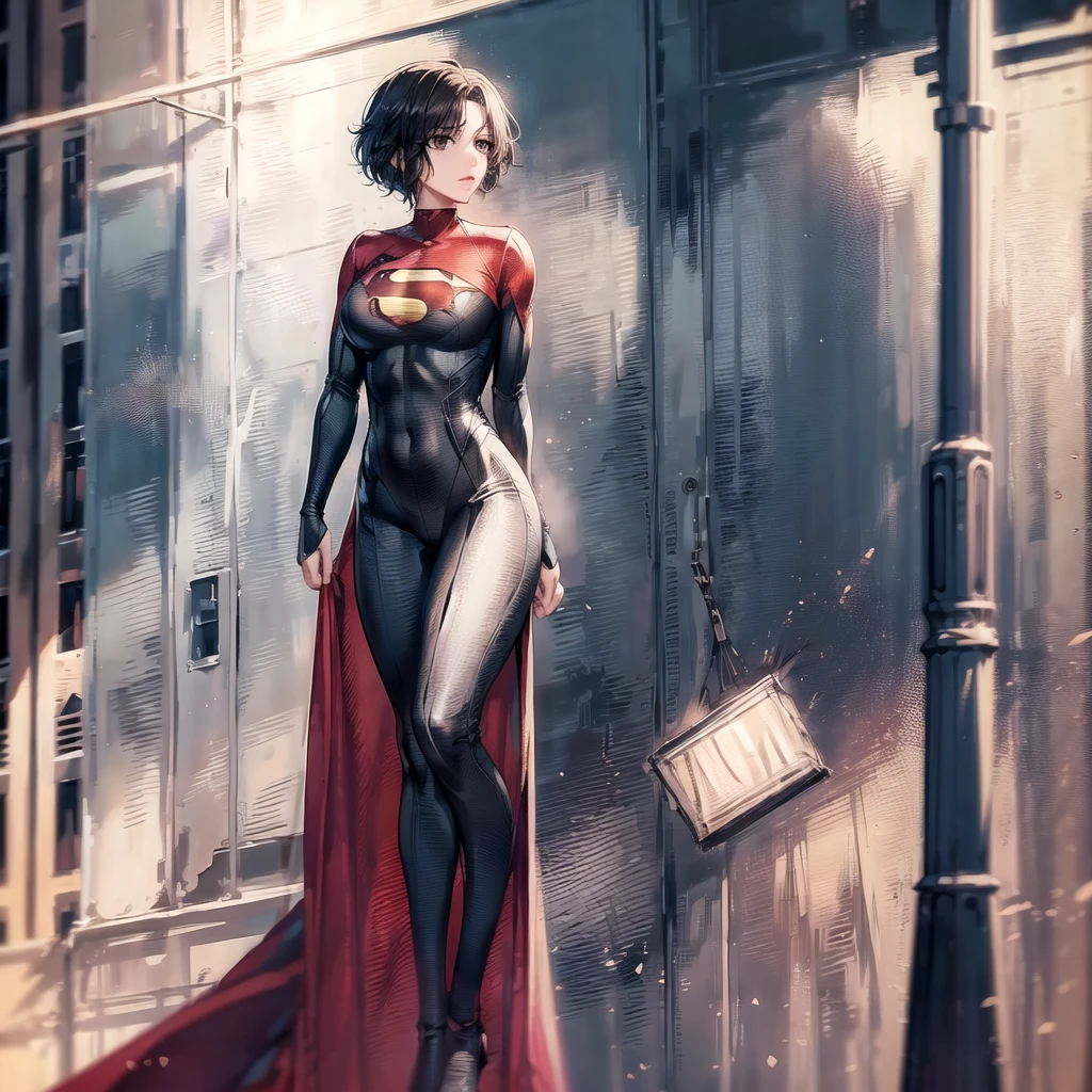 Thigh suit, View your viewers, masterpiece, Sasha Street, supermansuit, short hair, Black Hair, Red Cape, Perfect hands, Brown eyes, movie, actress, Side view, One girl,