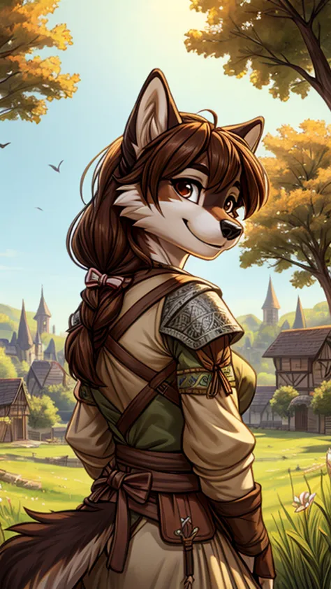 (very detailed illustration: 1.2), best quality, masterpiece, solo, natural lighting, an young female anthro wolf with dark brow...