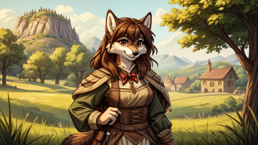 (very detailed illustration: 1.2), best quality, masterpiece, solo, natural lighting, An young female anthro wolf with dark brown fur, she has brown eyes and dark brown hair, she is dressed in archer clothing from the medieval era, she is in an open field, on his sides there are trees and behind her is a village from the medieval era, she is smiling while she has her bow and arrows on her back.