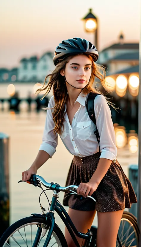 surrealism:1.5,  bokeh, young woman aesthetic, bicycle riding, pier, high-quality dslr snapshots, high-definition film grain pho...