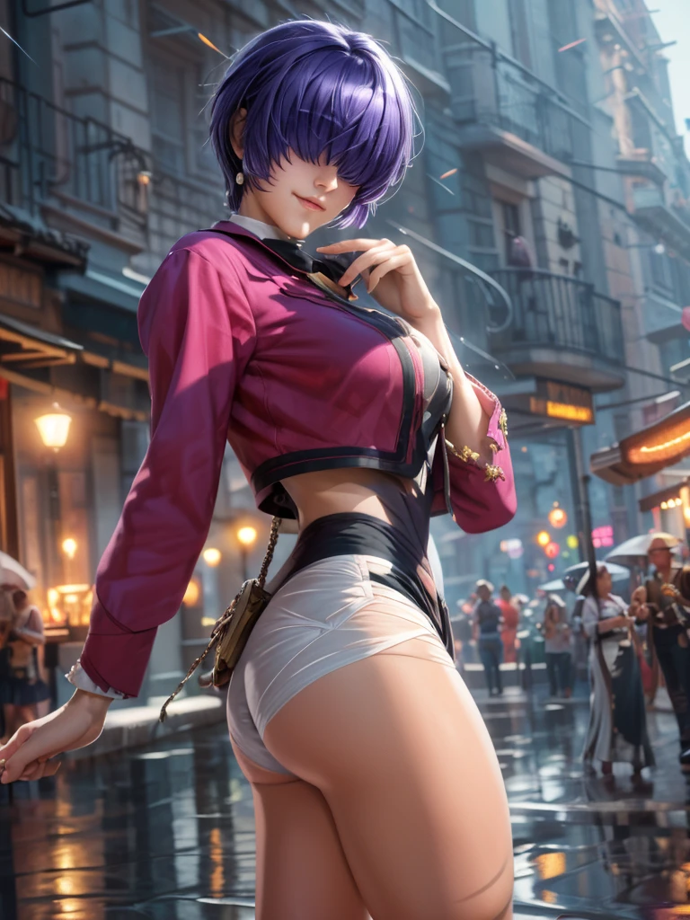 (at night), alone, in a video game scene, a background of a beautiful city during the day raining, standing at attention, purple hair, wearing a beautiful black Mexican female mariachi costume with gold details ((purple hair)), 1 girl, alone, 20 years old, woman young, perfect, beautiful hands with perfect fingers, beautiful long legs, perfect legs, beautiful body, beautiful nose, beautiful character design, perfect face, look at the viewer (focusing on the entire character) , closed mouth, Light_Smile, official art, extremely detailed 8k CG wallpaper unit, perfect lighting, bright and colorful front lighting, glowing skin (masterpiece: 1.0), (best quality: 1.0), ultra high resolution, 4K , ultra detailed photography, 8K, HDR, high resolution, nonsense: 1.2, Kodak portra 400, film grain, blurred background, bokeh: 1.2, lens flare, (vibrant_color: 1.2), professional photography, (beautiful_face: 1.5), (narrow waist), Masterpiece, Best quality, Depth of field,
