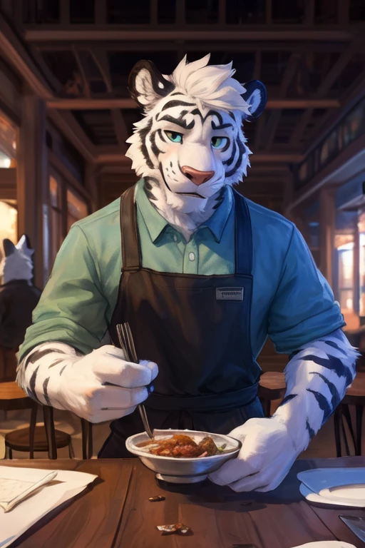 (((inside of a small Cafe standing behind the table with the POV of you sitting at the table looking at the waiter  ,the waiter is a light gray tiger shark with white hair male standing up with big muscle, An artwork,wearing waitress waiter clothing, clothing))), big chest wearing clothing , day, , sensual, detailed, uploaded to e621, beautiful and detailed portrait of an anthropomorphic , (((male))) uploaded to e621, zaush, foxovh, movie lighting, thicc, alone, movie cover, detailed, 8k res, hires, detailed eyes, good anatomy, good perspective, towards viewer, by bebebebebe, by sicklyhypnos, by gerkk, by orf, nice hands, perfect hands, happy, romantic, ray tracing lighting, rtx on