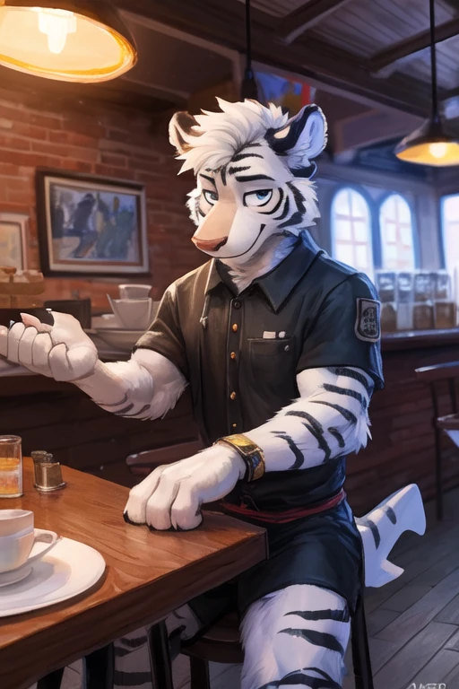 (((inside of a small Cafe standing behind the table with the POV of you sitting at the table looking at the waiter  ,the waiter is a light gray tiger shark with white hair male standing up with big muscle, An artwork,wearing waitress waiter clothing, clothing))), big chest wearing clothing , day, , sensual, detailed, uploaded to e621, beautiful and detailed portrait of an anthropomorphic , (((male))) uploaded to e621, zaush, foxovh, movie lighting, thicc, alone, movie cover, detailed, 8k res, hires, detailed eyes, good anatomy, good perspective, towards viewer, by bebebebebe, by sicklyhypnos, by gerkk, by orf, nice hands, perfect hands, happy, romantic, ray tracing lighting, rtx on