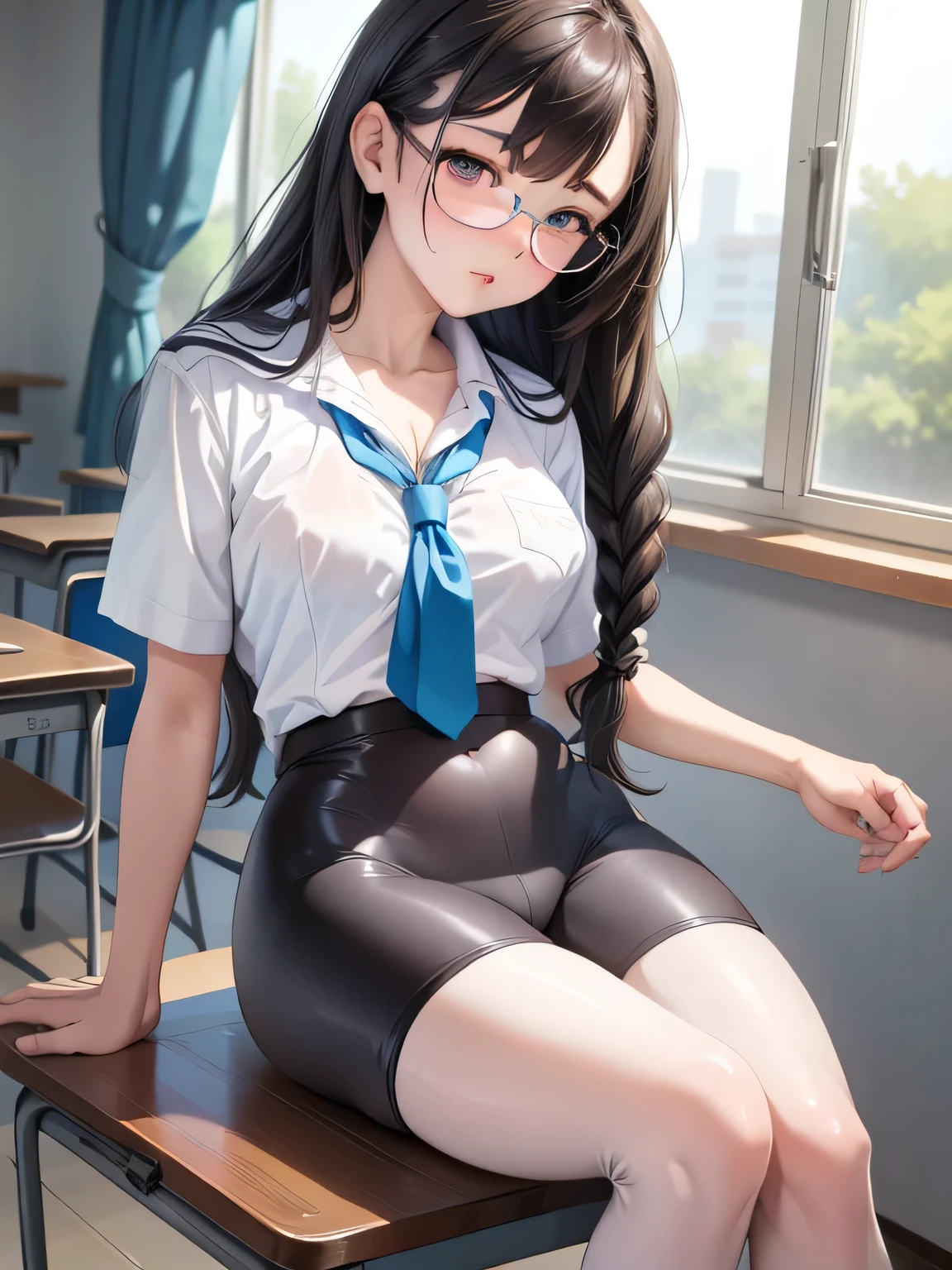 Wearing a U-neck T-shirt:1.5、White Pantyhose、latex bike shorts、Wearing bike shorts over pantyhose、Braid、Glasses、Black Hair、Like the whole body、Big Breasts 、Beautiful feet、Big Ass、School classroom、Beautiful feet、Sitting on a desk in the classroom with her legs wide open:1.3、Expressionless、Emphasis on the groin、Junior high school girl、Showing off her crotch、Hollow Eyes