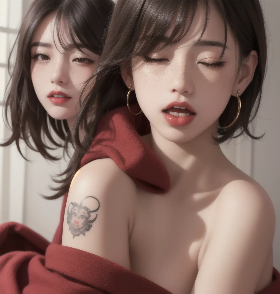 1 girl, Japanese, 4k, realistic, soft skin, texturized skin, short whavy black hair with bangs, bob hairstyle, colorful hair, shining brown eyes, red eyeliners, shining red lips, soft makeup, freckles, round gold earings, pijama, covered by a red blanket, tattoos, open mouth, eyes half closed, waking up from bed, yawning, soft lighting, portrait, bright colors, looking directly to the viewer.