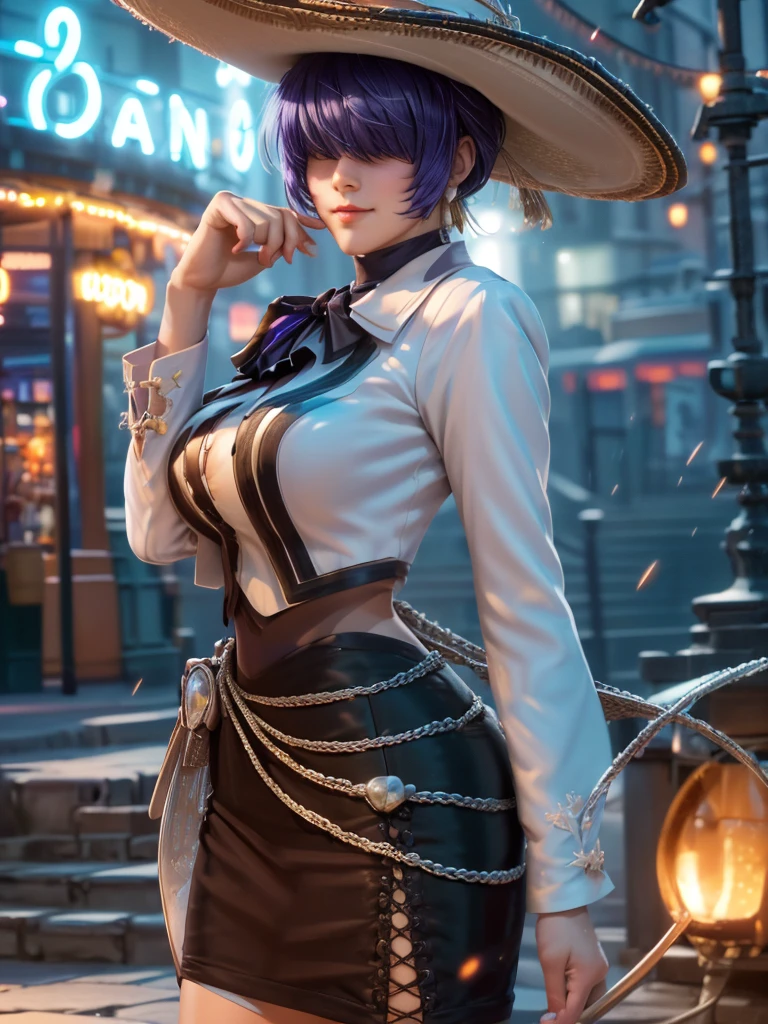 (at night), alone, in a video game scene, a background of a beautiful city during the day raining, standing at attention, purple hair, wears a beautiful black Mexican female mariachi costume with gold details, wears a black female mariachi hat black ((purple hair)), 1 girl, alone, 20 years old, woman young, perfect and beautiful hands with perfect fingers, beautiful long legs, perfect legs, beautiful body, beautiful nose, beautiful character design, perfect face, look at the spectator (focusing on entire character), closed mouth, Light_Smile, official art, extremely detailed 8k CG wallpaper unit, perfect lighting, bright and colorful front lighting, glowing skin (masterpiece: 1.0), (best quality: 1.0), ultra high resolution, 4K, ultra detailed photography, 8K, HDR, high resolution, nonsense: 1.2, Kodak portra 400, film grain, blurred background, bokeh: 1.2, lens flare, (vibrant_color: 1.2), photography professional, (beautiful_face: 1.5), (narrow waist), Masterpiece, Best quality, Depth of field,
