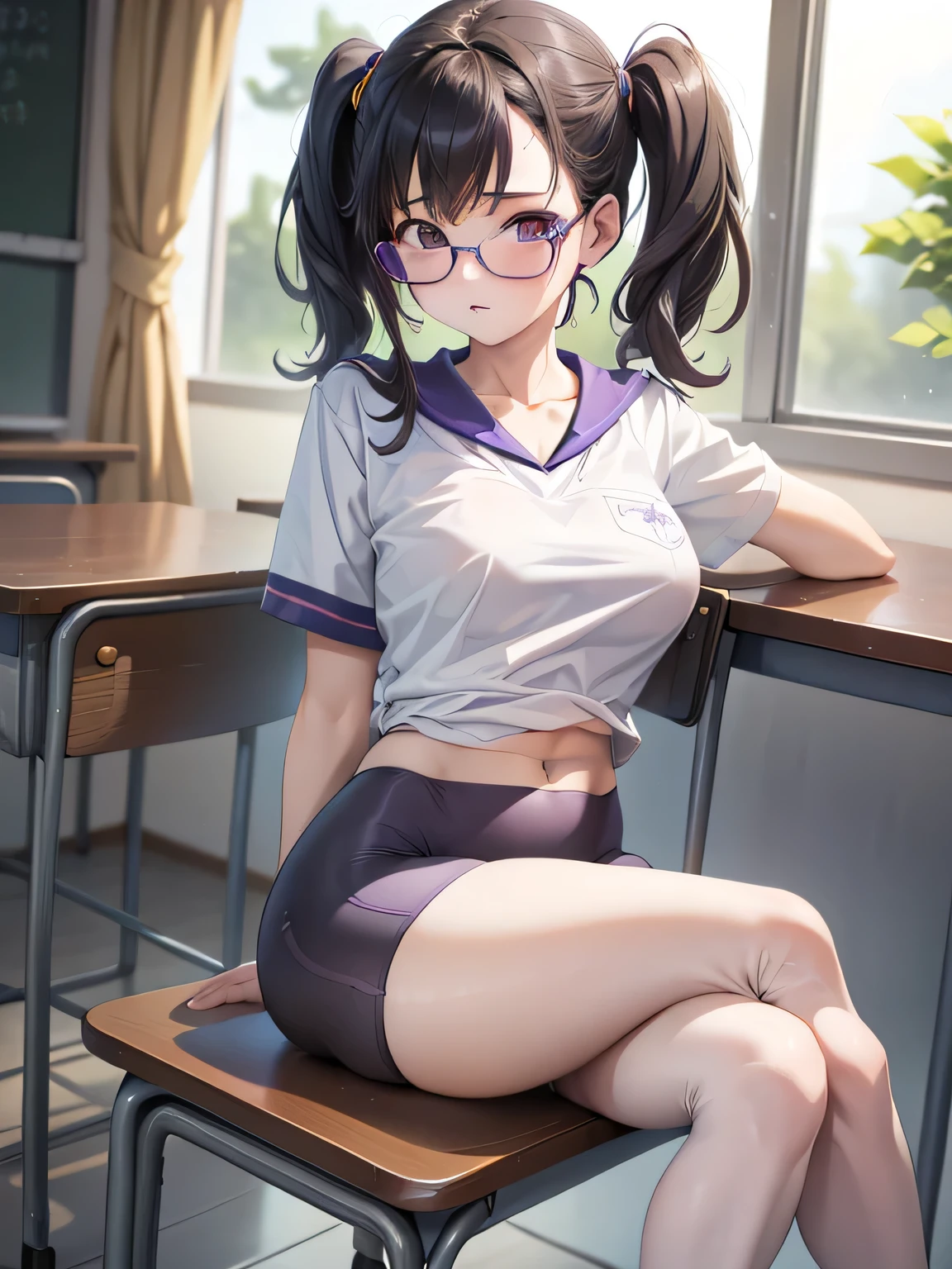 Wearing a U-neck T-shirt:1.2、White Pantyhose、purple bike shorts、Wearing bike shorts over pantyhose:1.5、Braided Pigtails:1.3、Glasses、Black Hair、Like the whole body、Big Breasts 、Beautiful feet、Big Ass、School classroom、Beautiful feet、Sitting on a desk in the classroom with her legs wide open:1.3、Leg spread、Expressionless、Emphasis on the groin、Junior high school girl、Showing off her crotch、Hollow Eyes、Brat