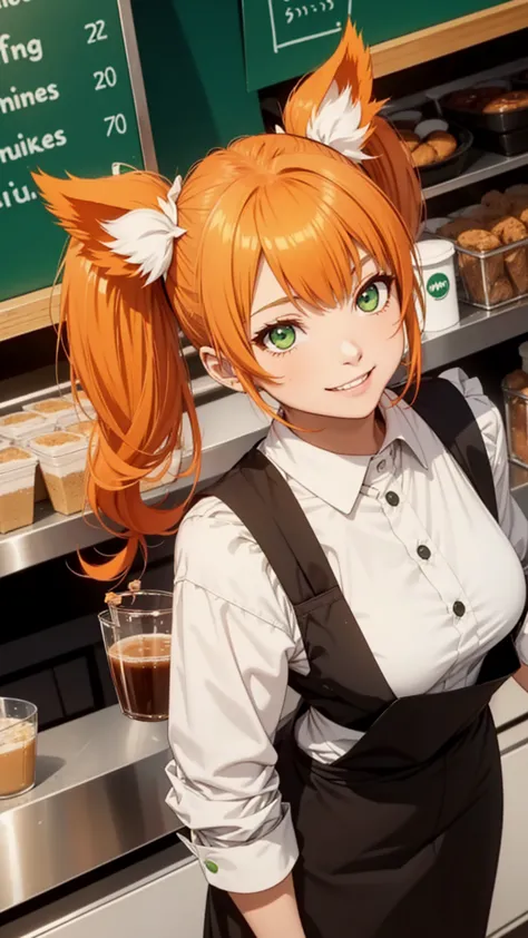 1girl in coffee shop,solo,happy face,teeth, green with white line waitress outfit, medium ,orange cat ears,light orange hair,meg...