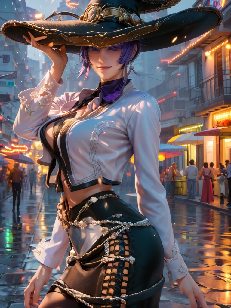 (at night), alone, in a video game scene, a background of a beautiful city during the day raining, standing at attention, purple hair, wears a beautiful black Mexican female mariachi costume with gold details, wears a black mariachi hat ((purple hair)), 1 girl, alone, 20 years old, woman young, perfect, beautiful hands with perfect fingers, beautiful long legs, perfect legs, beautiful body, beautiful nose, beautiful character design, perfect face, look at the viewer (focusing on the entire character), closed mouth, Light_Smile, official art, extremely detailed 8k CG wallpaper unit, perfect lighting, bright and colorful front lighting, glowing skin (masterpiece: 1.0), (best quality: 1.0 ), ultra high resolution, 4K, ultra detailed photography, 8K, HDR, high resolution, nonsense: 1.2, Kodak portra 400, film grain, blurred background, bokeh: 1.2, lens flare, (vibrant_color: 1.2), professional photography , (beautiful_face: 1.5), (narrow waist), Masterpiece, Best quality, Depth of field,
