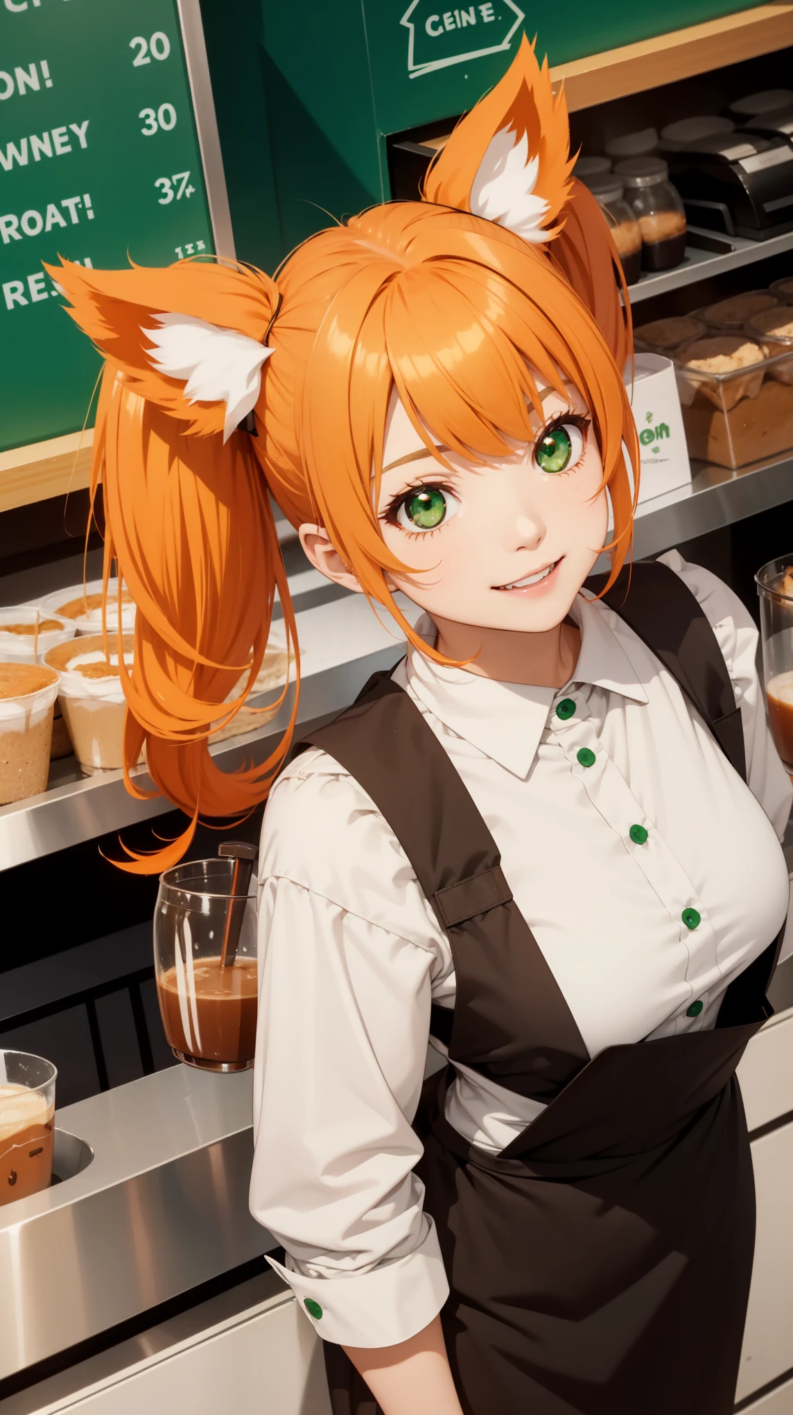 1girl in coffee shop,solo,happy face,teeth, green with white line waitress outfit, medium ,orange cat ears,light orange hair,mega twintails,green eyes,(((standing in a cafeteria))), hot coffee, cup on tray , from above, 