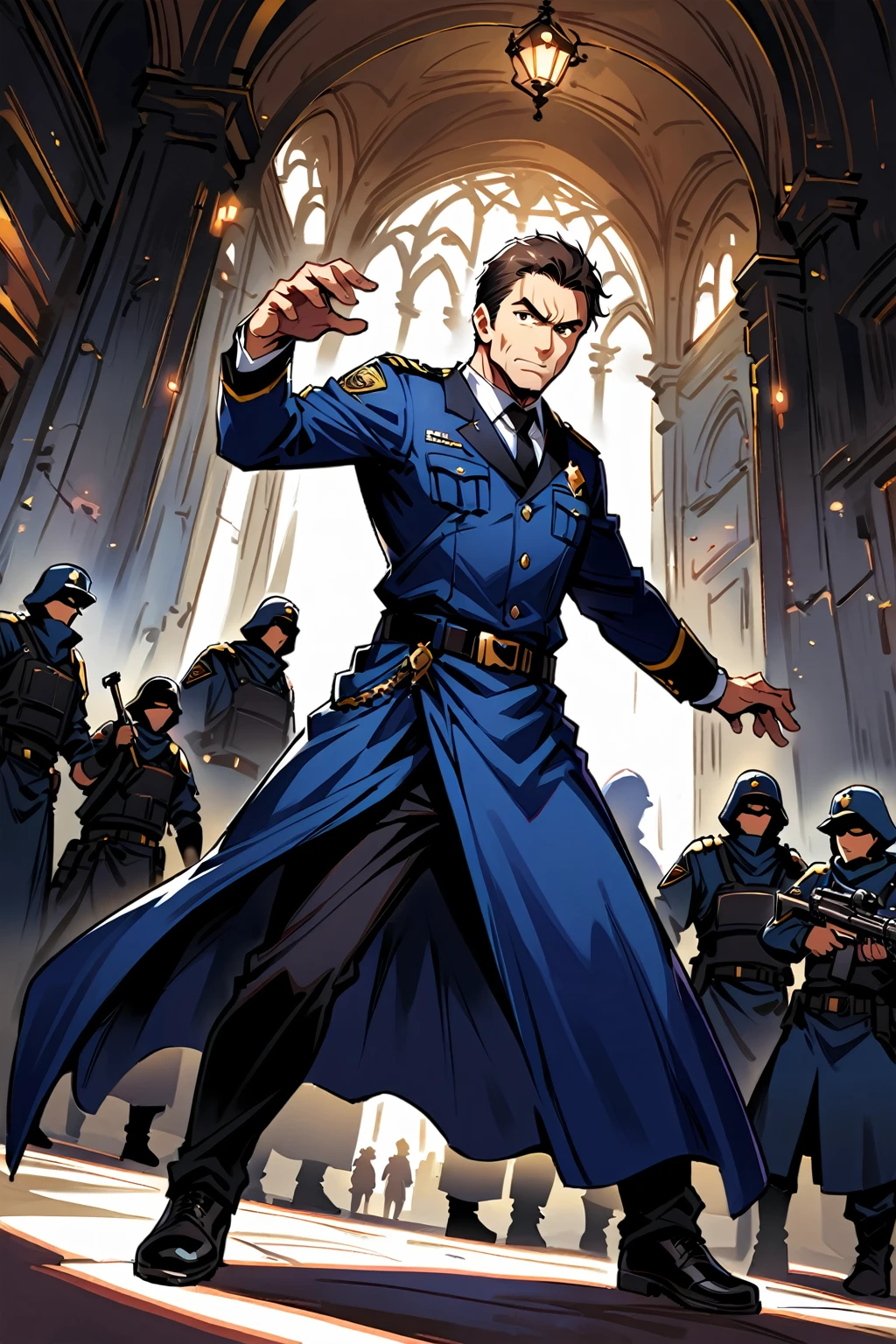 Framed Presentation of a police, man character , police costume, Ball Gown, rpg,look at the viewer,((full body)),40 yo,((dynamic angle)),((dynamic pose))