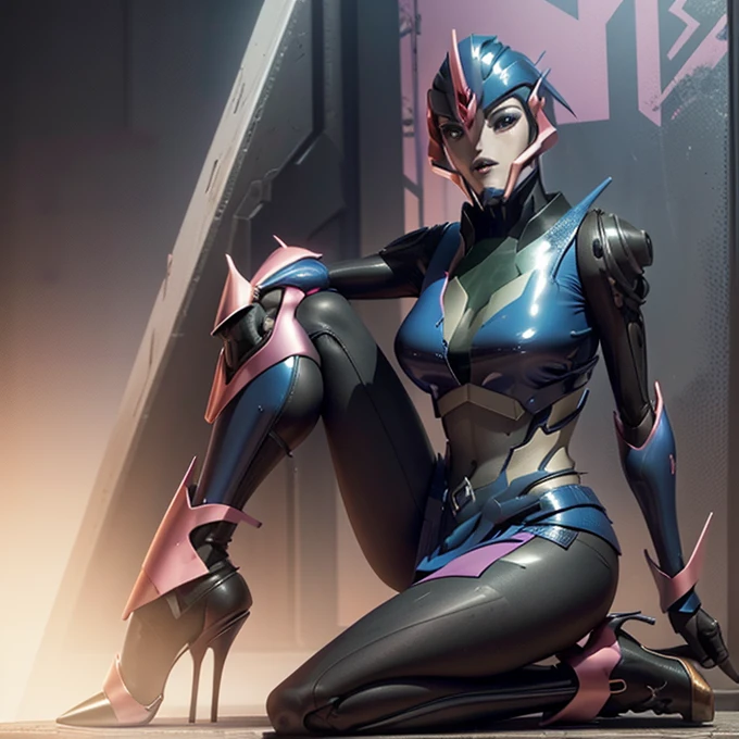 ,Arcee, solo,cleavage, ((whole body and legs in frame)), full body, soft lighting, nightclub, high heel pumps,big hips ,sitting,(detailed face) (detailed eyes) (detailed lips), dress,