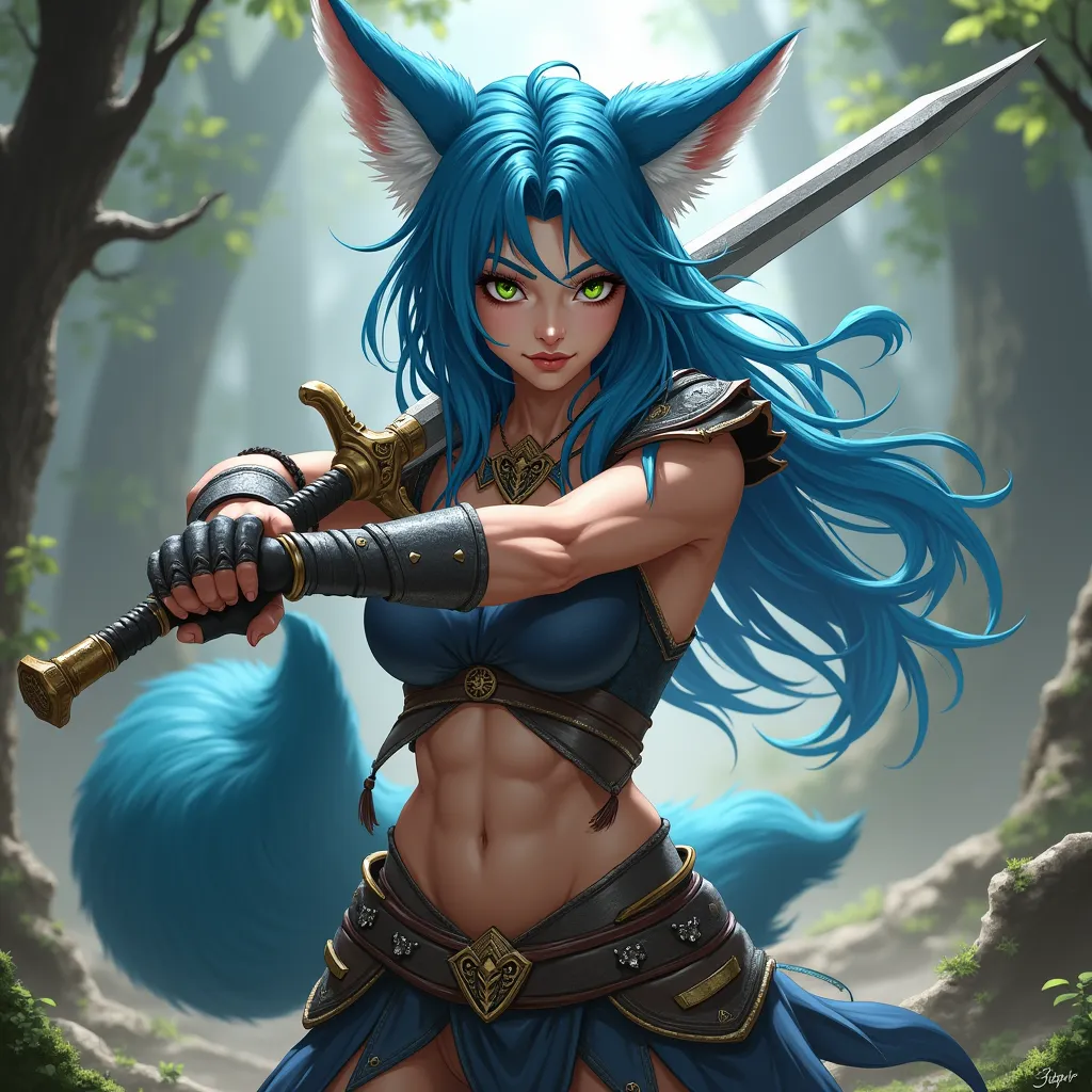 Fox Ears Warrior, High resolution, blue hair, breasts, 