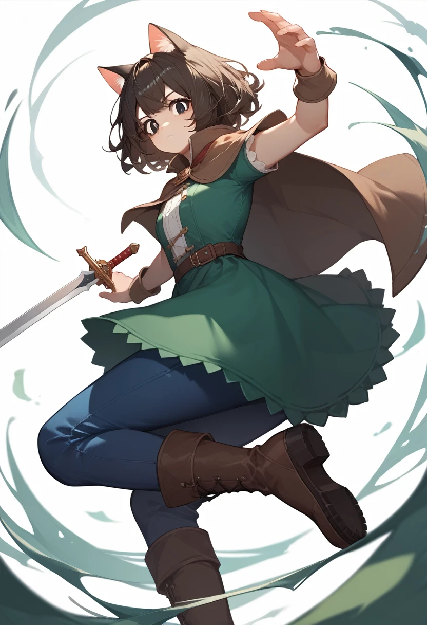 score_9, score_8_up, score_7_up, score_6_up, source_anime, 1girl, solo, cat girl, black eyes, solid circle pupils, brown capelet, green dress, blue pants, brown boots, knee boots, hold sword dynamic pose, super wide angle shot, extreme perspectiv