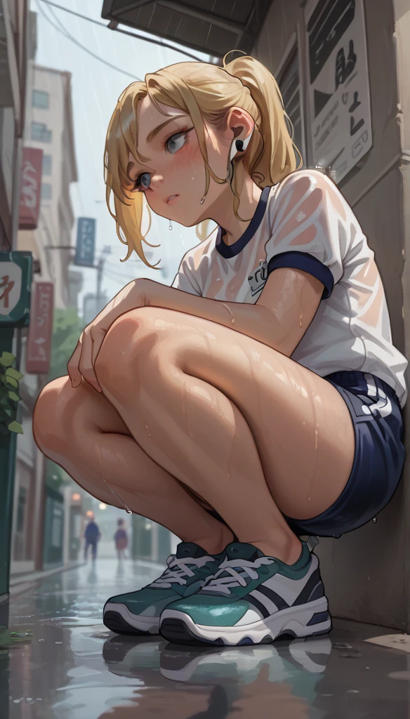 Beautiful girl Squatting in street, High resolution, Ponytail, chest, Blushing, Blonde, Cat ear, Blurred, earphone, Wet Gym uniform, (full body shot:1.2), (From below:1.3), rainy day,