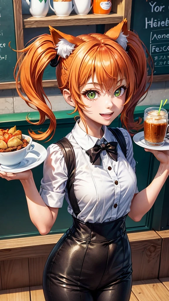 1girl in coffee shop,solo,happy face,teeth, green with white line waitress outfit, medium ,orange cat ears,light orange hair,mega twintails,green eyes,(((standing in a cafeteria))), peace sign, hot coffee, cup on tray , from above, 