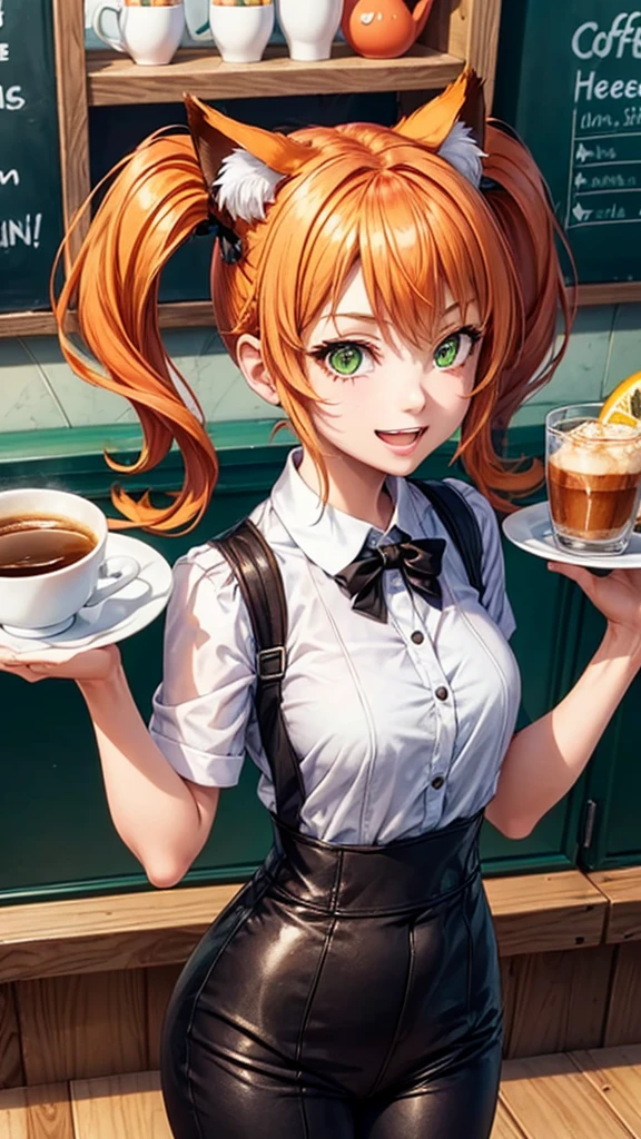 1girl in coffee shop,solo,happy face,teeth, green with white line waitress outfit, medium ,orange cat ears,light orange hair,mega twintails,green eyes,(((standing in a cafeteria))), peace sign, hot coffee, cup on tray , from above, 