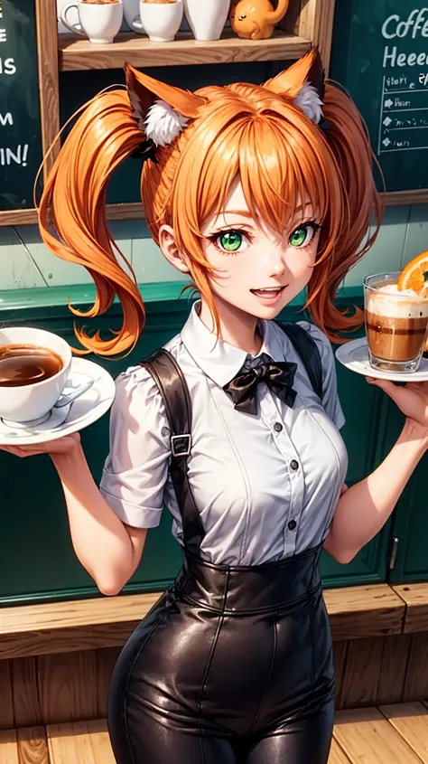 1girl in coffee shop,solo,happy face,teeth, green with white line waitress outfit, medium ,orange cat ears,light orange hair,meg...