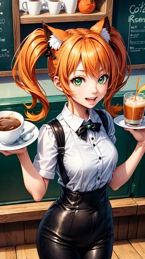 1girl in coffee shop,solo,happy face,teeth, green with white line waitress outfit, medium ,orange cat ears,light orange hair,meg...