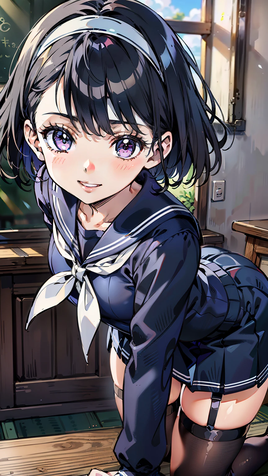 sailor uniform, sailor suit, one woman, (A beauty woman, Delicate high school girl:1.3), 8k, highest quality, masterpiece, Very detailed, Ultra-high resolution, Realistic, RAW Photos, Absolute Resolution, Black Hair, Bobcut, Small face compared to body, Very small face, Black Hair, ((Navy blue sailor suit)), Navy Blue Skirt, High school girl in sailor suit, 2D Rendering of Anime, realistic young anime school girl, , (White headband:1.4), Small breasts, tall, Slanted Eyes, Purple Eyes, Black Stockings, garter belt, toothless smile, Private room, (Jump lightly and spin around:1.3), (Top-down position:1.2), blurry background,