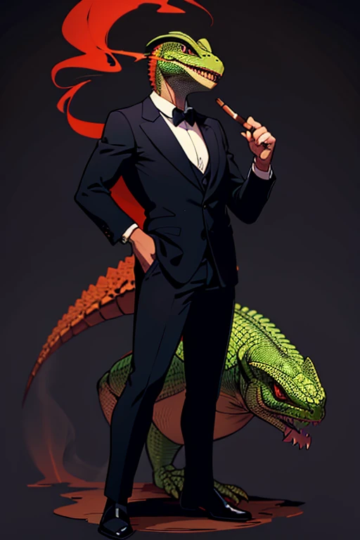 A lizard, de corpo inteiro, standing, with a suit (blackw),smoking a cigar in his mouth, with an evil face