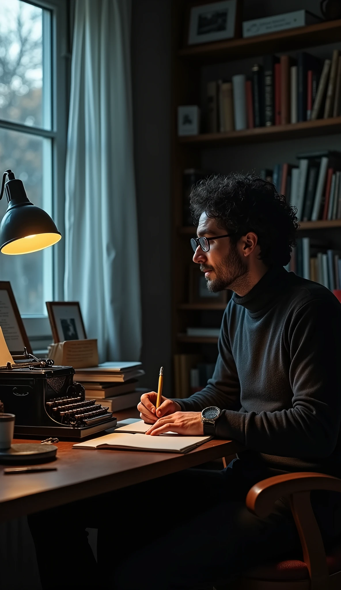 A middle-aged bespectacled man with black curly hair with a stubble, a watch and a ring on his left finger
 Writing with a scribe on multiple sheets of paper in front of him on a desk in a fairly dark room wearing a turtleneck while researching and writing
   Old photo from before 1990
   Items on the table: ink typewriter, reading light, pen holder, eyeglass frame
   From a slightly distant view with an open window with a thin curtain in the evening and a small library and a few small photo frames behind the man