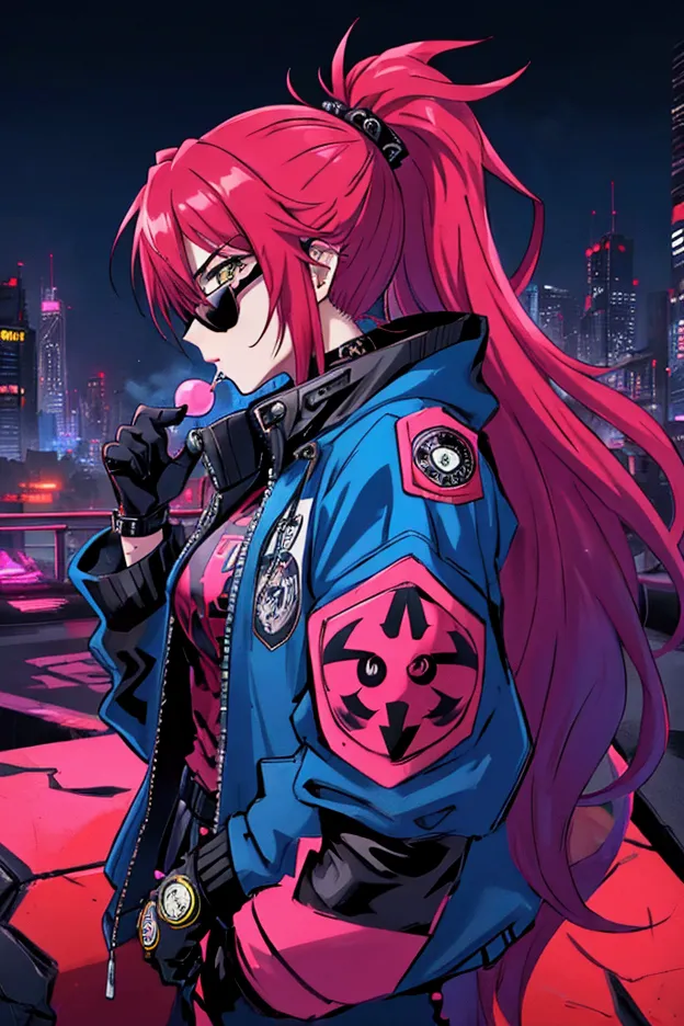 cyberpunk-style anime character portrait with a strong and edgy vibe. the character is a young woman with long, flowing hair, we...