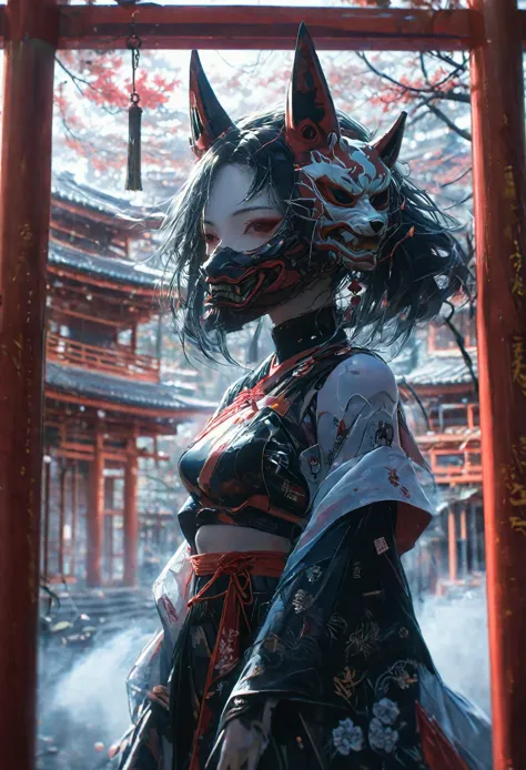 photorealistic, high resolution、fear、horor、night、an image of a female android wearing a kimono dress and a fox mask strolling th...