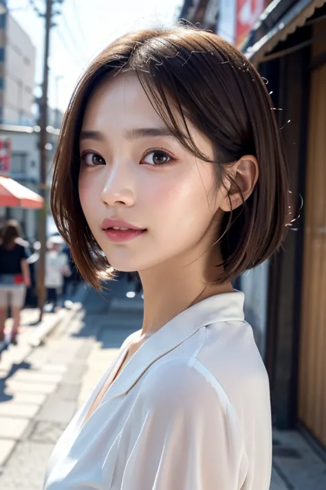 with the backdrop of tokyo alleys、1 girl、independent、look forward to、light eye makeup、brown hair color、flat 、hair blowing in the...