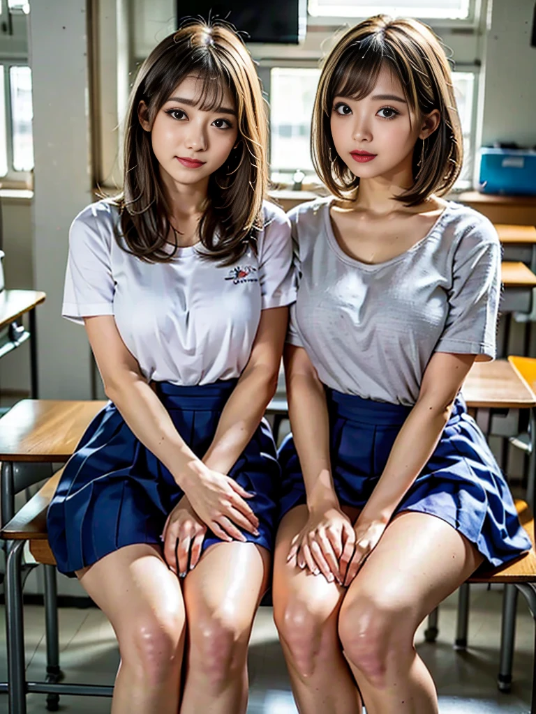 ((super high quality、High resolution、masterpiece、 Anatomically correct、Super detailed photos、Ultra-realistic photos、 Highest quality))、(2girls)、((from front))、(cowboy shot)、looking at viewer、(huge breast)、((Empty classroom))、(Two girls standing shoulder to shoulder)、sexy school uniform、((Two Japanese gal make-up artists))、Detailed face、Perfect figure、medium hair、Golden Hair、Silver Hair