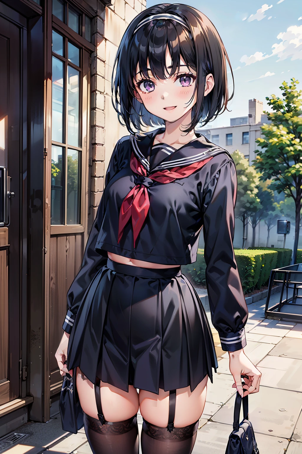 body 8 times longer than head, (Highly detailed CG unity 8k), (highest quality)，(very detailed)，(ultra high resolution), black hair, High school girl wearing a navy sailor suit, Anime 2D rendering, realistic young anime high school girl, ((White headband)), smile, purple eyes, small breasts, tall, slanted eyes, (school scenery), black stockings, bright color, open your mouth a little, Dark blue skirt, bob cut, (Black Stockings:1.4), (black garter belts:1.4), 