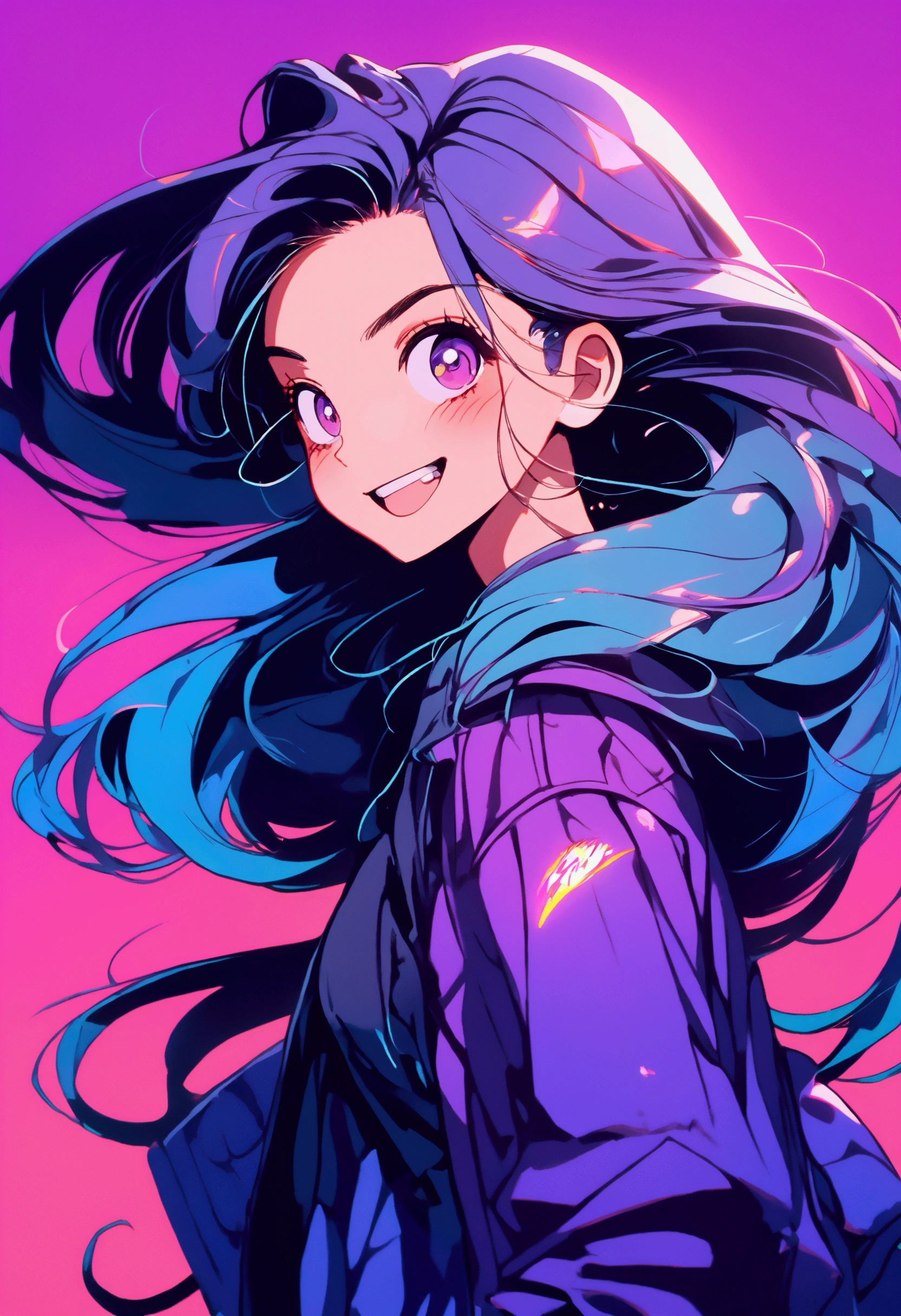 ((illustrator)), flat color, anime style, sketch, 1girl, shiny lip, jersey wear, order, very modern stylish asymmetry hair, purple ((gradient)) background, neon hair, textured crop, (masterpiece, best quality), portrait, ((dynamic angle)),close up girl, looking away