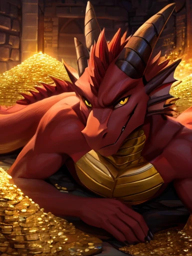 Full shot of a male red fire dragon lying on a giant pile of gold in a dungeon and looking mad at the viewer.