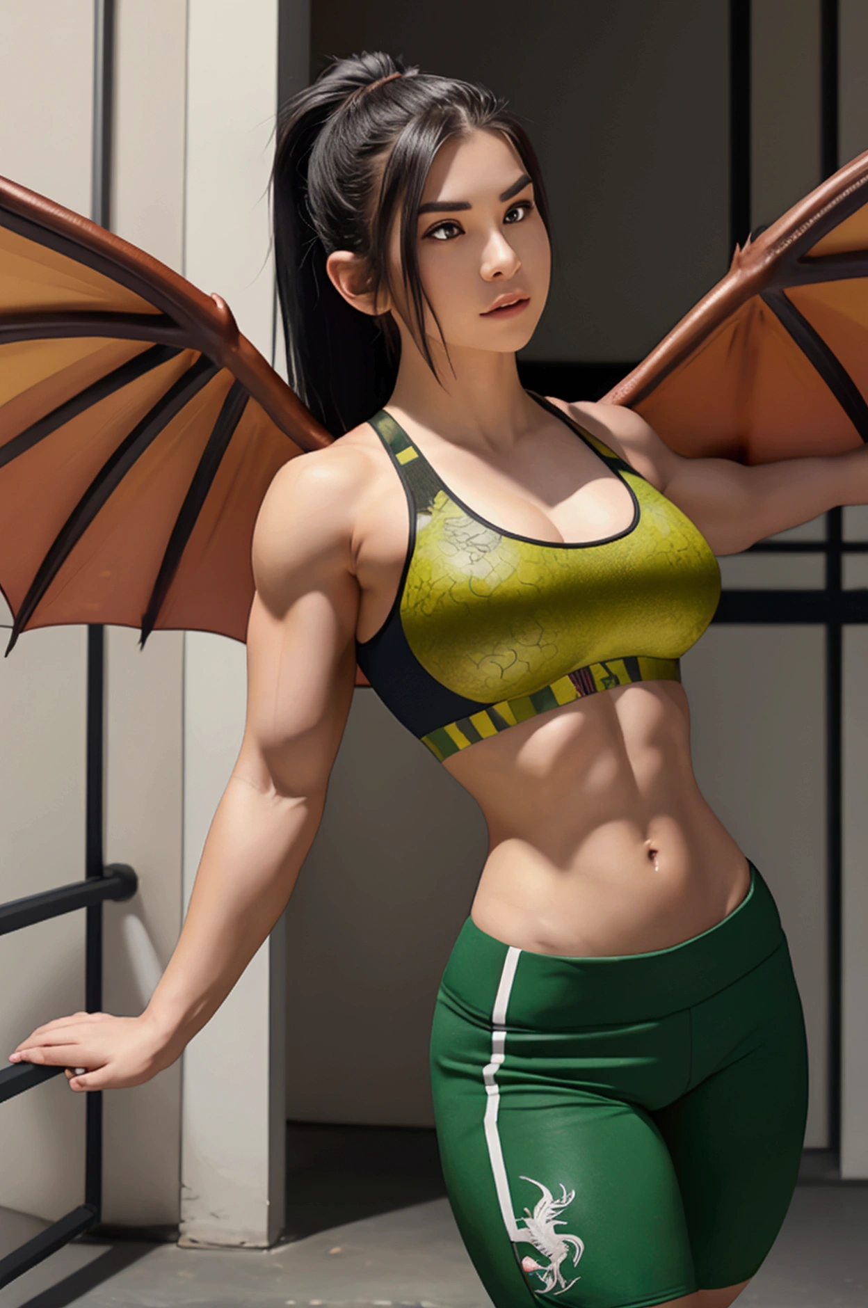 Muscular girl with dragon wings on her back and a sixpack. She is wearing a sports bra