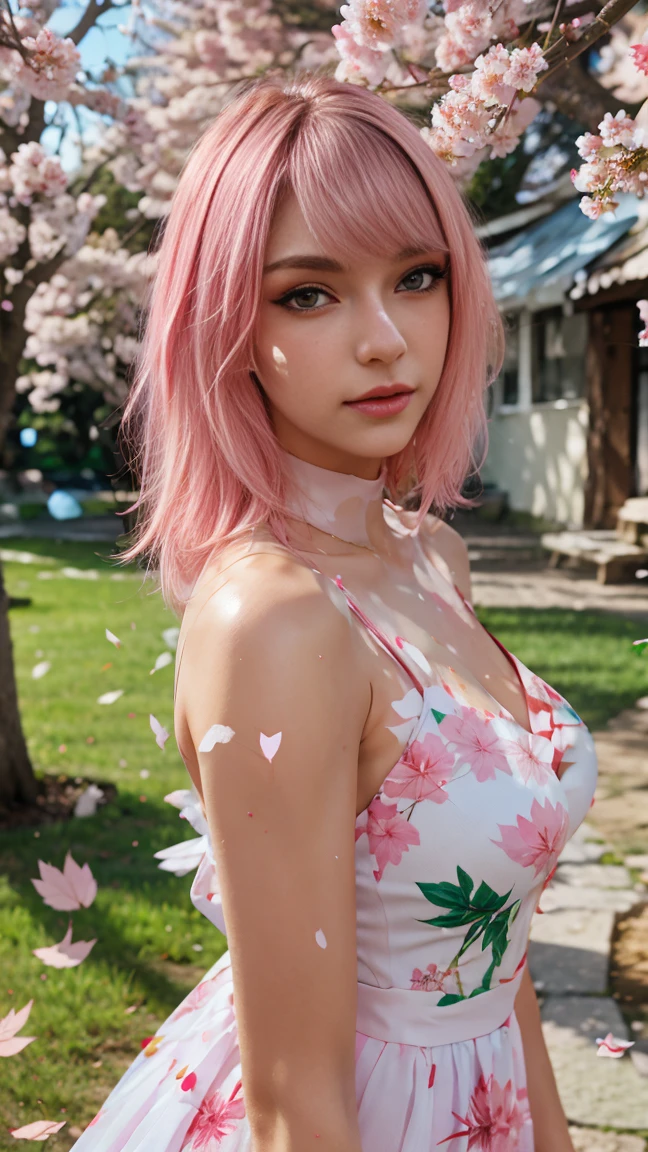 Light pink hair, pink eyes, pink and white, sakura leafs, vivid colors, white dress, paint splash, simple background, ray tracing, wavy hair