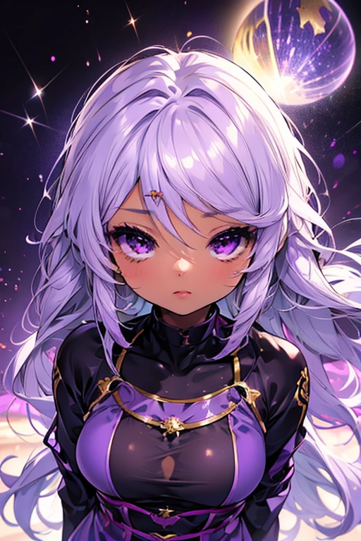 Produce an anime-style image, The girl, skin black, , ha ((purples eyes)) enchanting. {darkskin} hair as white as snow, The girl de corpo inteiro, Possession of a goddess, an ancient goddess, Galaxy Eyes