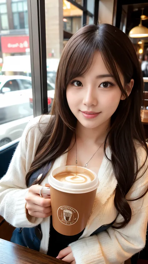 Beautiful girl busty gravure idol drinking coffee in a café