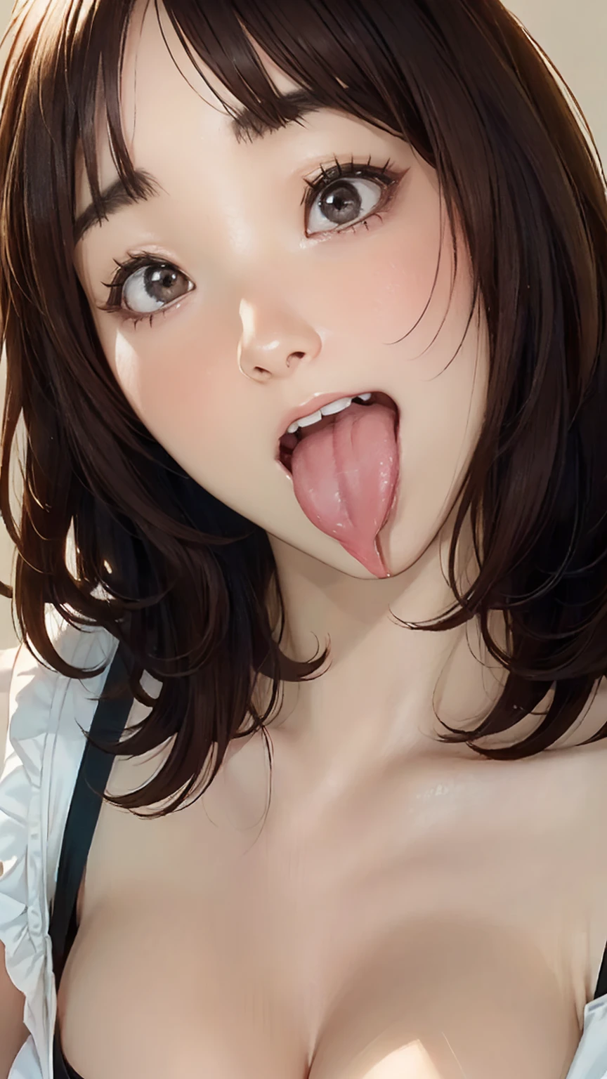 Realistic, masterpiece, Highest quality, Highest quality, (One Japanese woman:1.5), (Close up on face, Sticking out a long tongue:1.5), beautiful girl, Smiling happily, Dark Eyes, With lots of eyelashes, (Brown Hair, Bob Hair:1.3), (Cleavage:1.3), (Stand up:1.3)